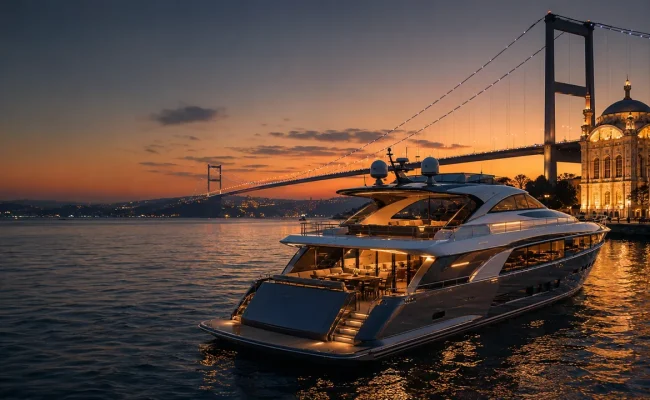 Private yacht charter at sunset on the Bosphorus near Ortakoy Mosque, Istanbul