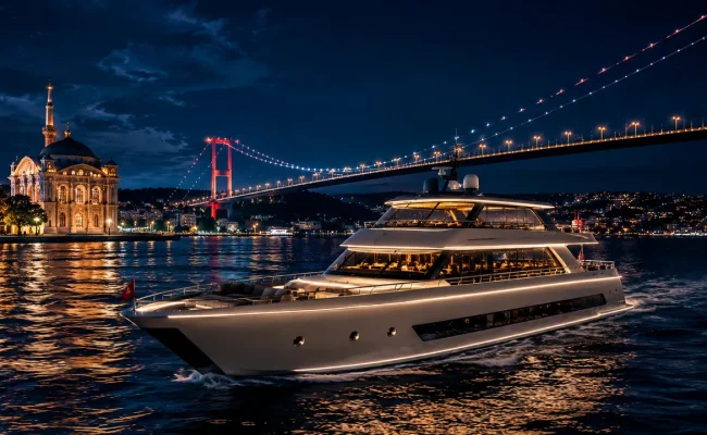 VIP dinner cruise on the Bosphorus at night with bridge and Ortakoy Mosque, Istanbul